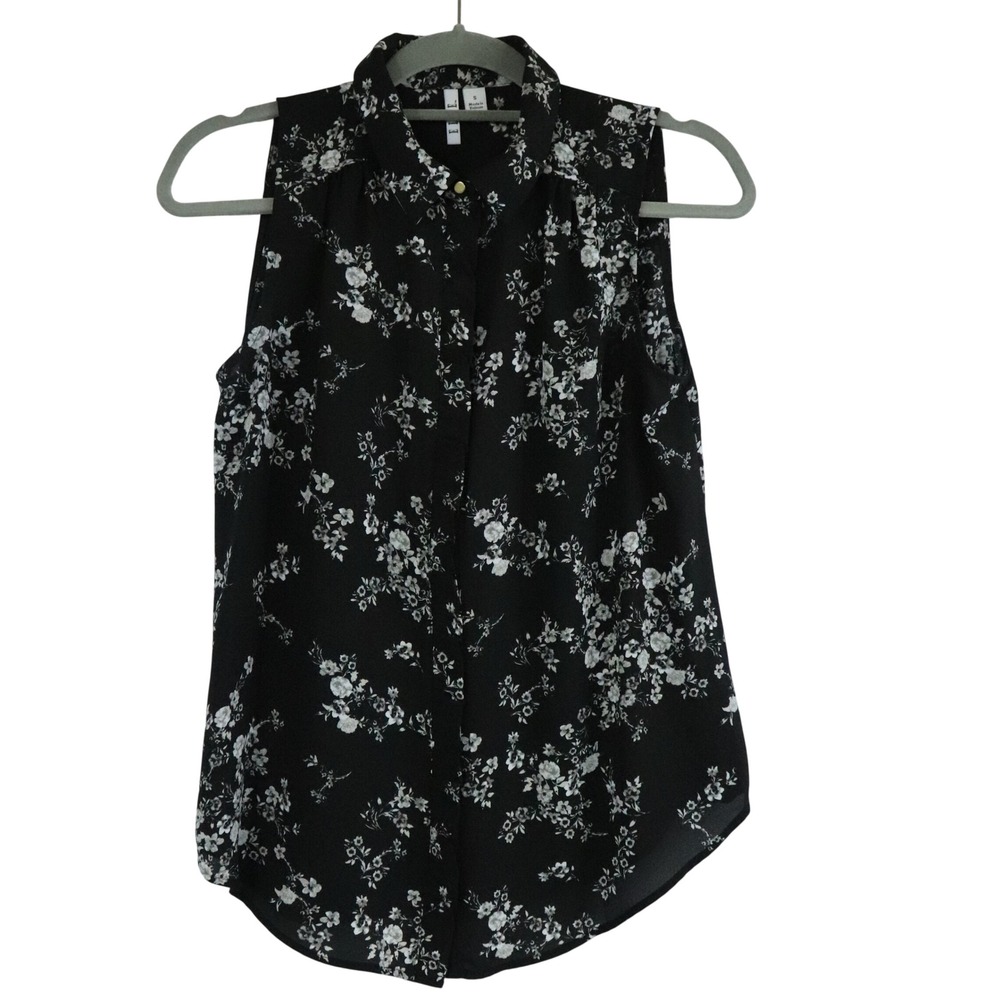 Elle Black Floral Sleeveless Button Up Floral Print Chiffon Blouse Office Sz S